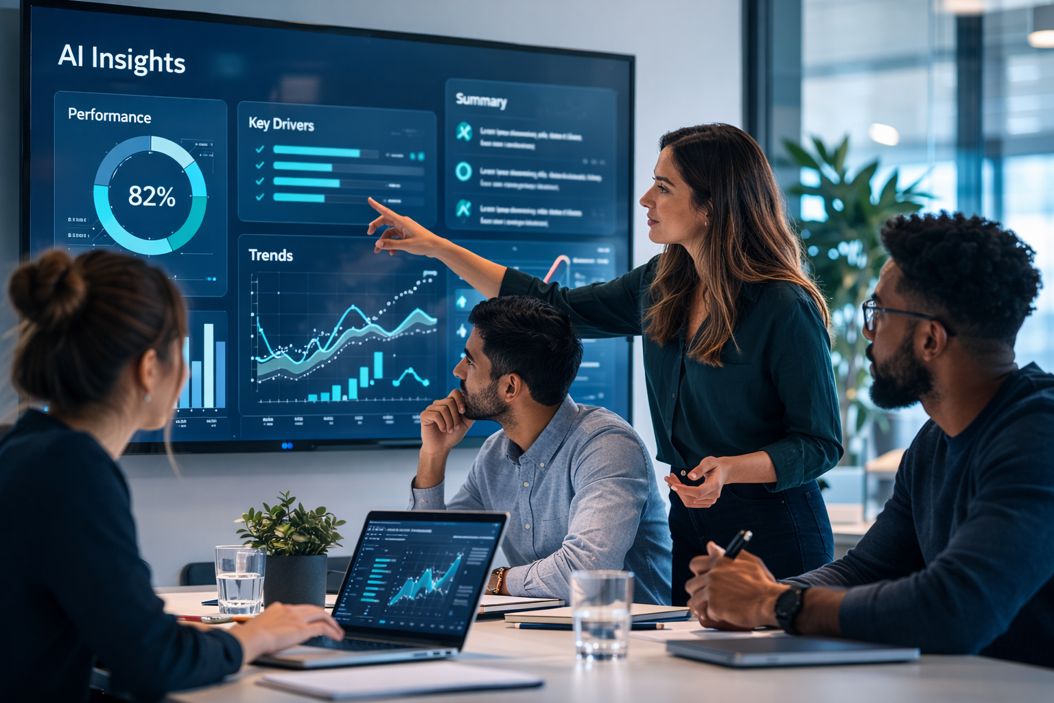 Diverse team of professionals collaborating around an AI insights dashboard